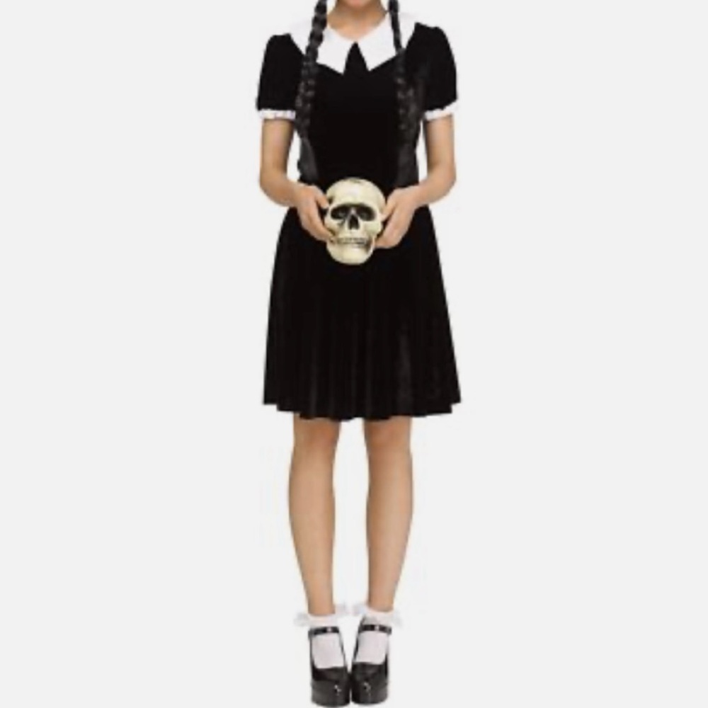 HALLOWEEN Addams Family Wednesday Black Dress Adult XL White Collar Cosplay Goth